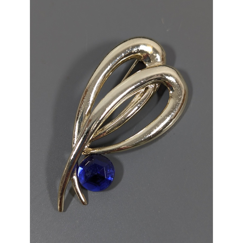 Gold Tone Abstract Swirl Brooch Blue Rhinestone Modern Retro Pin